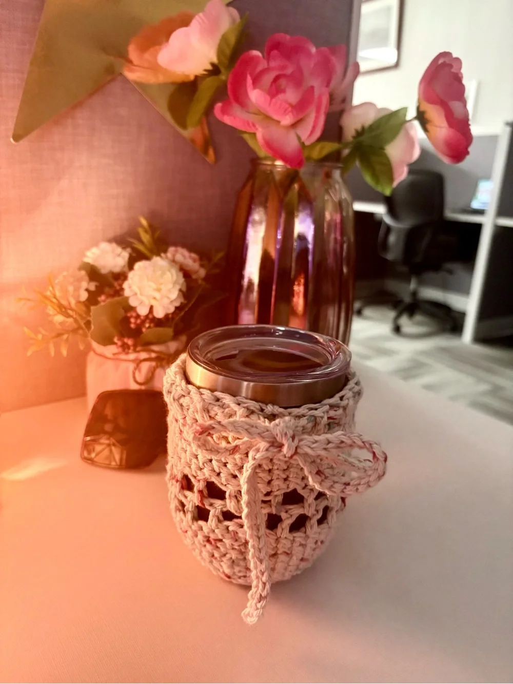 Hand-Crocheted Drink Sleeve Cozy in Cream